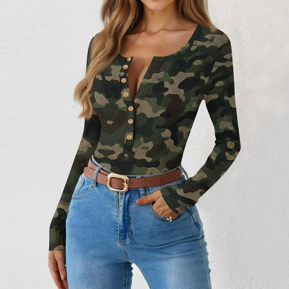 Women Ribbed Knit Henley Tops Casual Long Sleeve V Neck Camo Shirt Slim Fit Pullover T-Shirts