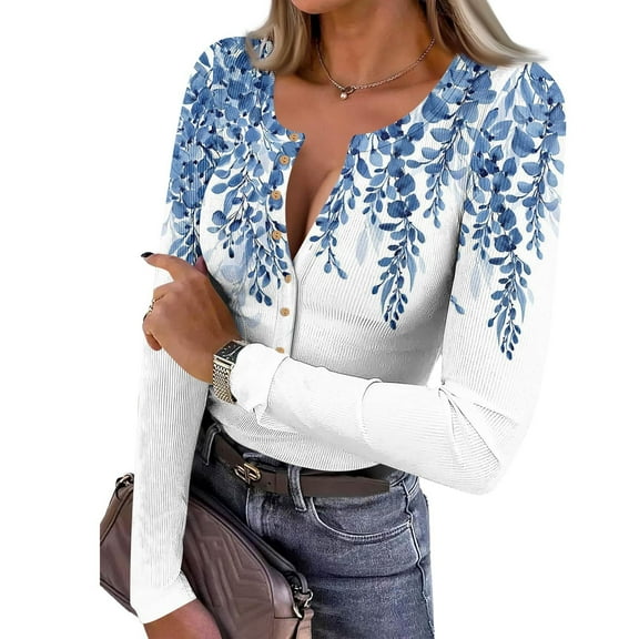 Women Ribbed Knit Henley Tops Casual Long Sleeve V Neck Pullover T-Shirts