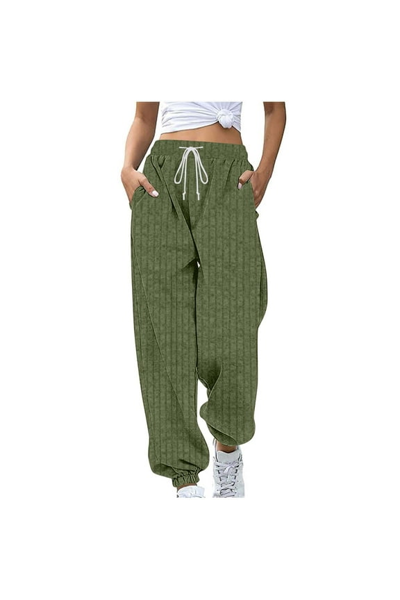 Women Ribbed Knit Joggers Fall Winter Workout Sweatpants High Waisted Casual Warm Lounge Athletic Pants Drawstring Elastic Waist with Pockets Comfortable Tapered Leg Trousers Cold Weather Essentials