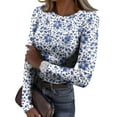 thumbnail image 1 of Women Ribbed Knit Long Sleeve Slim Fit Shirts Floral Print Basic Tee Tops Casual Going Out T-Shirts, 1 of 5