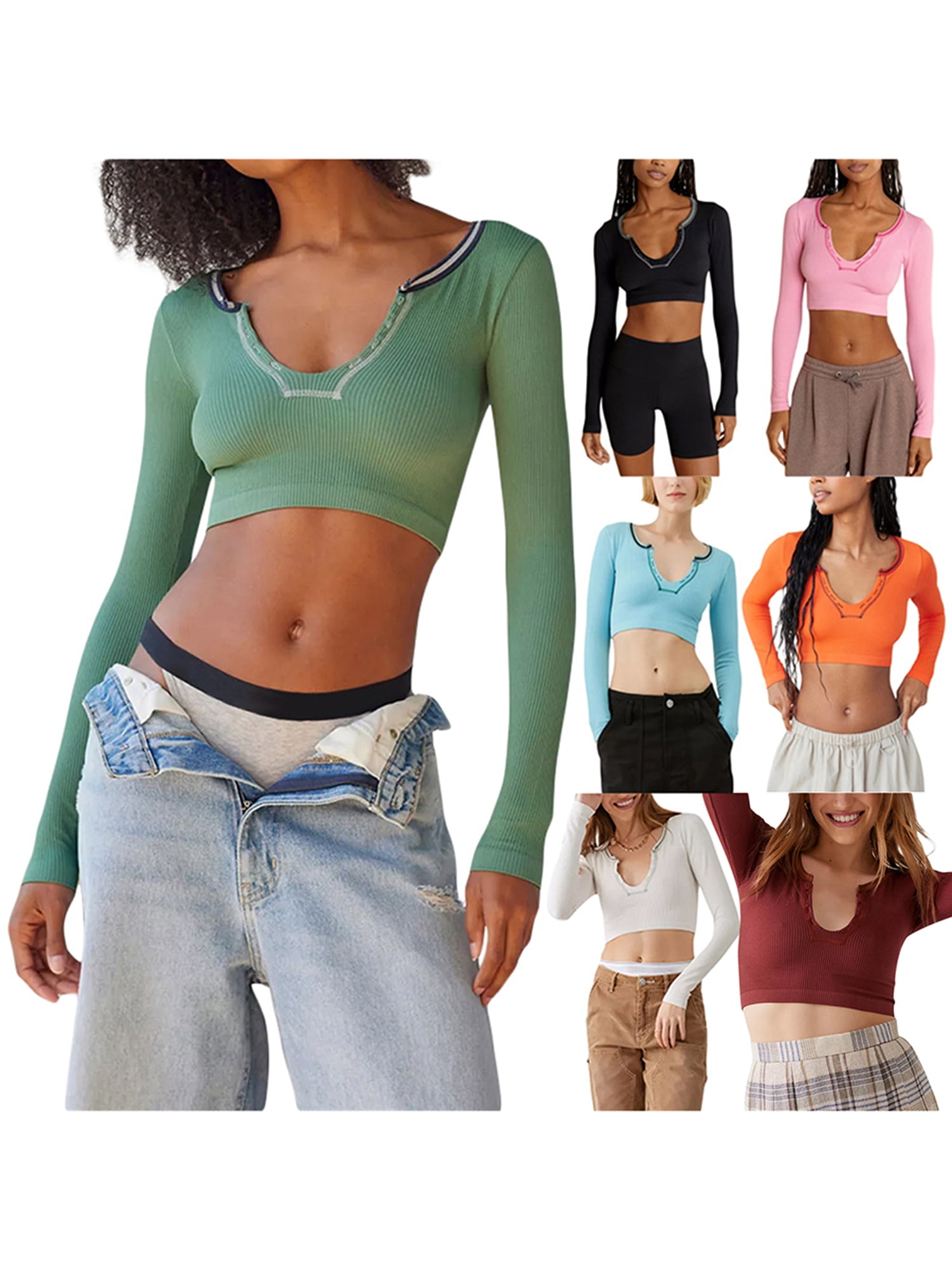 Women's Basic Ribbed Crop Top - Long Sleeve, Flare Sleeve, Slim Fitted Stretch Pullover Tee - View #9