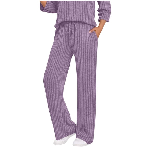 Women Ribbed Knit Lounge Pants Elastic High Waist Loose Wide Leg Drawstring Pant Fall Comfy Solid Trendy Trousers