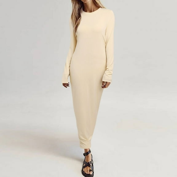 Women Ribbed Knit Maxi Dress Long Sleeve Round Neck Waist R Neck Pitted Knitted Long Skirt For Women Casual Dress Midi Dress plus Size Cute Dresses for Women Rose Dress for Women Waist Defined Dress