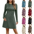thumbnail image 1 of Women Ribbed Knit Short Dresses Long Sleeve Crew Neck A Line Sweater Dress Fall Winter Casual Tunic Dress, 1 of 5