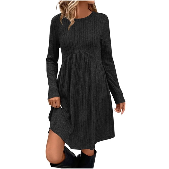 Women Ribbed Knit Short Dresses Long Sleeve Crew Neck Swing A Line Sweater Dress Fall Winter Casual Pleated Dress