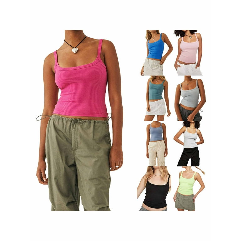 Women Ribbed Knit Sleeveless Crop Top Scoop Neck Slim Fit Cami Top Y2k  Summer Basic Tank Top