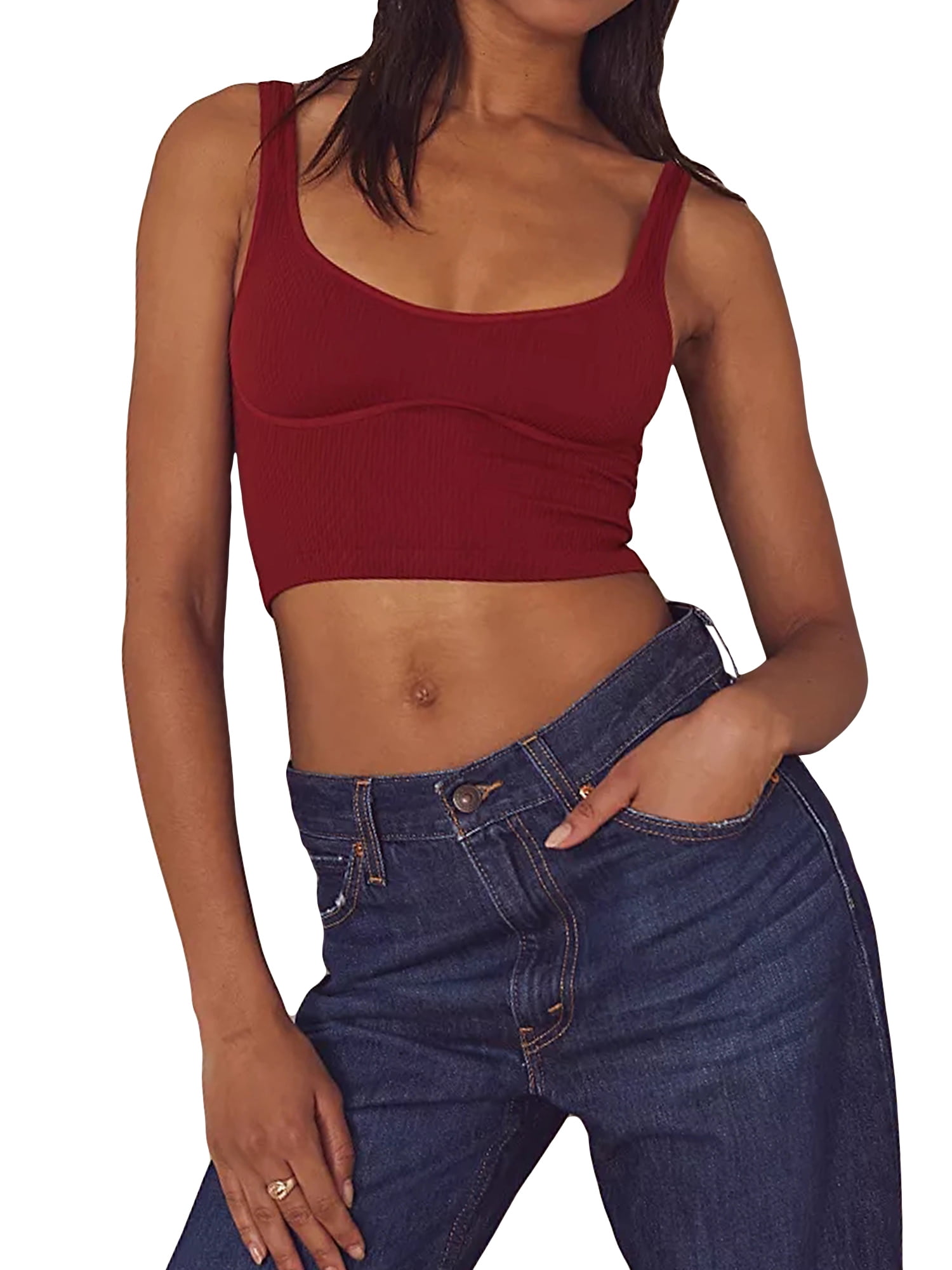 Women Ribbed Knit Sleeveless Crop Top Scoop Neck Slim Fit Cami Top Y2k