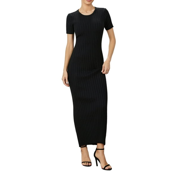 Mevireiy Women Ribbed Knit Slim Fitted Long Dress Short Sleeve Bodycon Flowy Party Dresses, Black, M