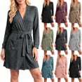 thumbnail image 1 of Women Ribbed Knit Wrap Bathrobe Sevevn V Neck Long Sleeve Self Tie Belt Side Pockets Short Loungewear Robe For Home Shower, 1 of 8