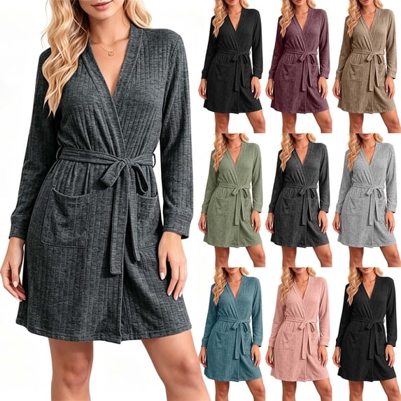Women Ribbed Knit Wrap Bathrobe Sevevn V Neck Long Sleeve Self Tie Belt Side Pockets Short Loungewear Robe For Home Shower
