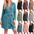 thumbnail image 1 of Women Ribbed Knit Wrap Bathrobe Sevevn V Neck Long Sleeve Self Tie Belt Side Pockets Short Loungewear Robe For Home Shower, 1 of 8