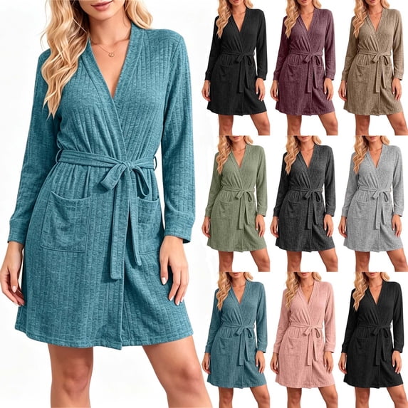 Women Ribbed Knit Wrap Bathrobe Sevevn V Neck Long Sleeve Self Tie Belt Side Pockets Short Loungewear Robe For Home Shower
