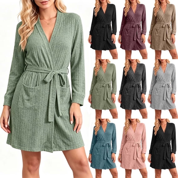 Women Ribbed Knit Wrap Bathrobe Sevevn V Neck Long Sleeve Self Tie Belt Side Pockets Short Loungewear Robe For Home Shower