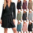 thumbnail image 1 of Women Ribbed Knit Wrap Bathrobe Sevevn V Neck Long Sleeve Self Tie Belt Side Pockets Short Loungewear Robe For Home Shower, 1 of 8