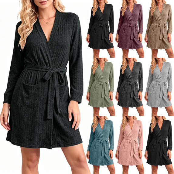 Women Ribbed Knit Wrap Bathrobe Sevevn V Neck Long Sleeve Self Tie Belt Side Pockets Short Loungewear Robe For Home Shower