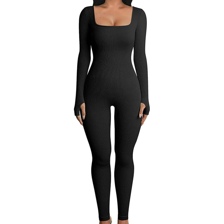 Jumpsuit for women One Piece Ribbed Square Neck Overall Long Sleeve Bodycon  Yoga Jumpsuits Sportwear Unitard Playsuits : : Clothing, Shoes 