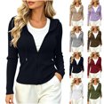 thumbnail image 1 of Women Ribbed Knit Zip Up Hoodie Slim Cropped Long Sleeve Drawstring Hooded Jacket Solid Color Fitted Casual Cardigan for Fall Winter, 1 of 6