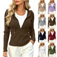 thumbnail image 1 of Women Ribbed Knit Zip Up Hoodie Slim Cropped Long Sleeve Drawstring Hooded Jacket Solid Color Fitted Casual Cardigan for Fall Winter, 1 of 6