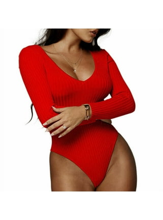 Ribbed Zip Neck Sleeveless High Cut Bodysuit - Red