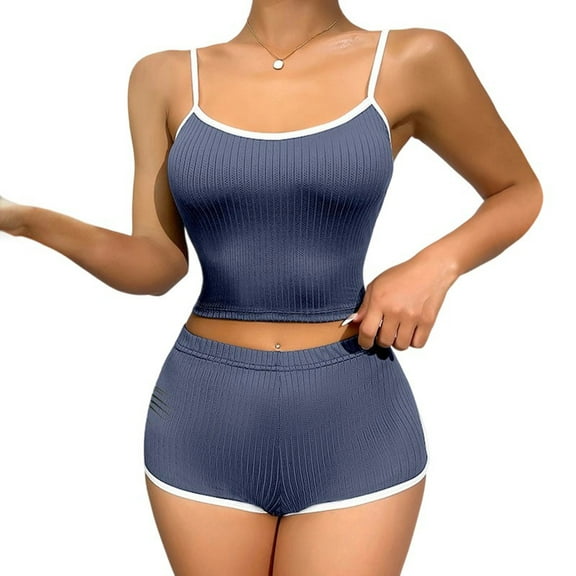 Women Ribbed Pajamas Set Cami Crop Top and Shorts Sleepwear 2 Piece Loungewear Stretchy Nightwear Homewear Pjs
