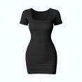 thumbnail image 1 of Women Ribbed Seamless Bodycon Mini Dress Square Neck Short Sleeve High Stretch Slim Fit Club Party Pencil Dress Black S, 1 of 7
