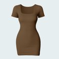 thumbnail image 1 of Women Ribbed Seamless Bodycon Mini Dress Square Neck Short Sleeve High Stretch Slim Fit Club Party Pencil Dress Coffee M, 1 of 6