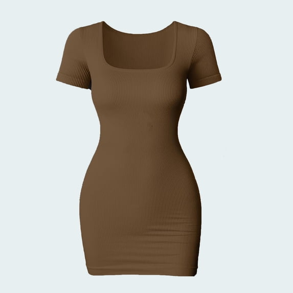 Women Ribbed Seamless Bodycon Mini Dress Square Neck Short Sleeve High Stretch Slim Fit Club Party Pencil Dress Coffee M