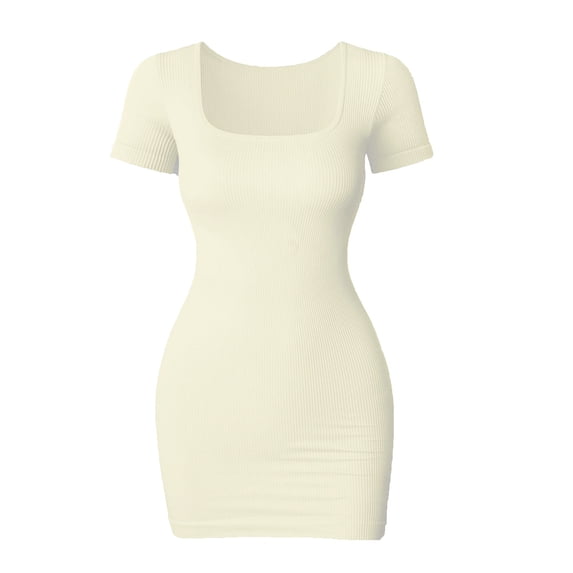 Women Ribbed Seamless Bodycon Mini Dress Square Neck Short Sleeve High Stretch Slim Fit Club Party Pencil Dress White L