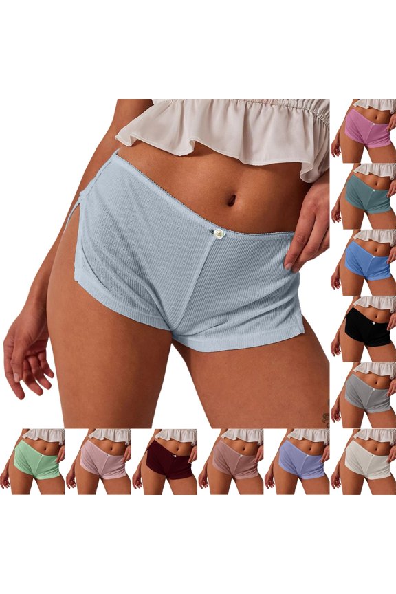 Women Ribbed Side Split Low Rise Hot Pants Slim Fit Casual Lounge Shorts Blue M