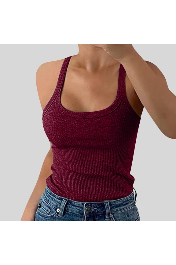 Women Ribbed Spaghetti Strap Tank Tops Slim Fitted Camisole Basic Sleeveless Layering Shirts Brick Red L