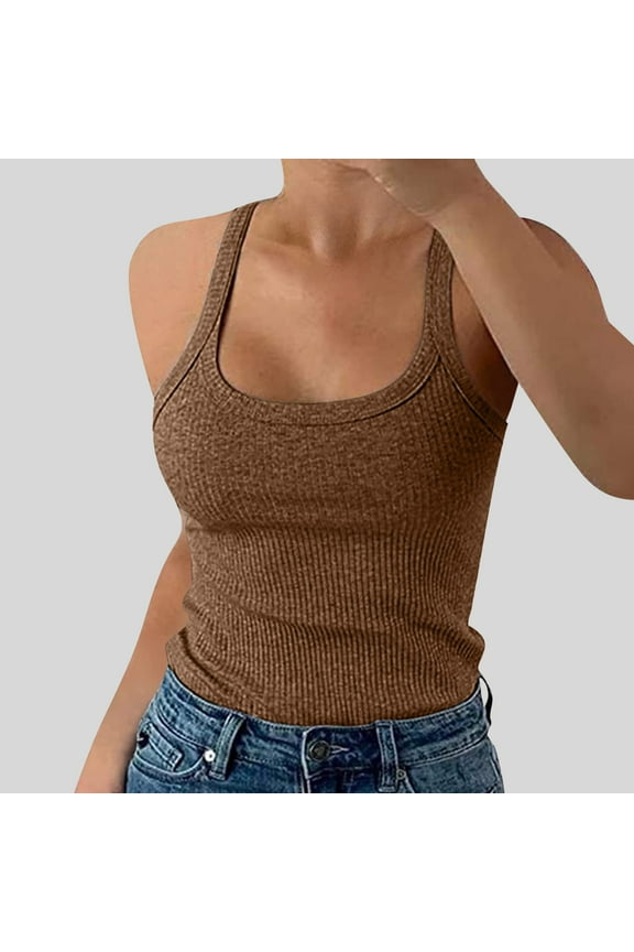 Women Ribbed Spaghetti Strap Tank Tops Slim Fitted Camisole Basic Sleeveless Layering Shirts Coffee S