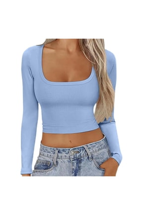 Women Ribbed Square Neck Long Sleeve Crop Top, Slim‑Fit Casual Cropped Pullover Tee Shirt(Light Blue,S)