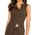 thumbnail image 1 of Women Ribbed Summer Tank Tops Button Up Open Front Rib Shirt Sleeveless Slim Dressy Top Fashion Coffee Color XL, 1 of 8