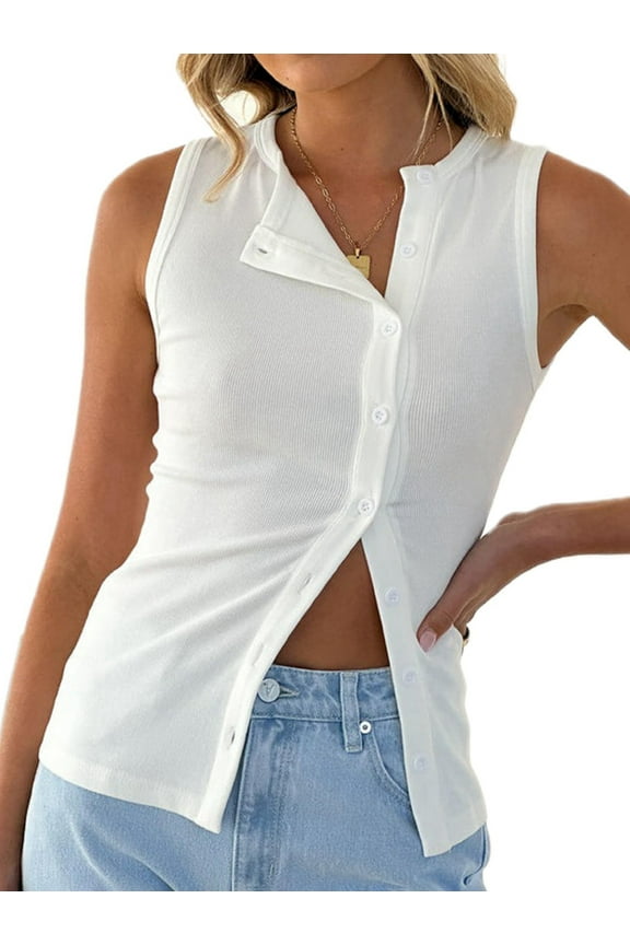 Women Ribbed Summer Tank Tops Button Up Open Front Rib Shirt Sleeveless Slim Dressy Top Fashion White XL