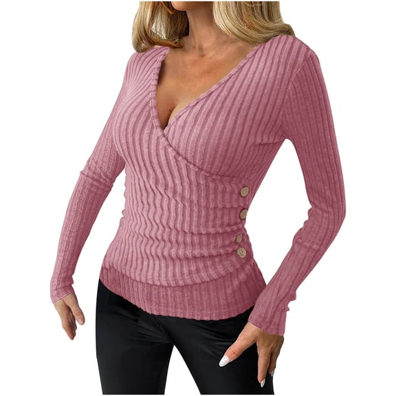 Women Ribbed Sweaters Surplice Fall Knit Sweater Long Sleeve Deep V Neck Wrap Sweater Slim Fit Knitted Jumper Top
