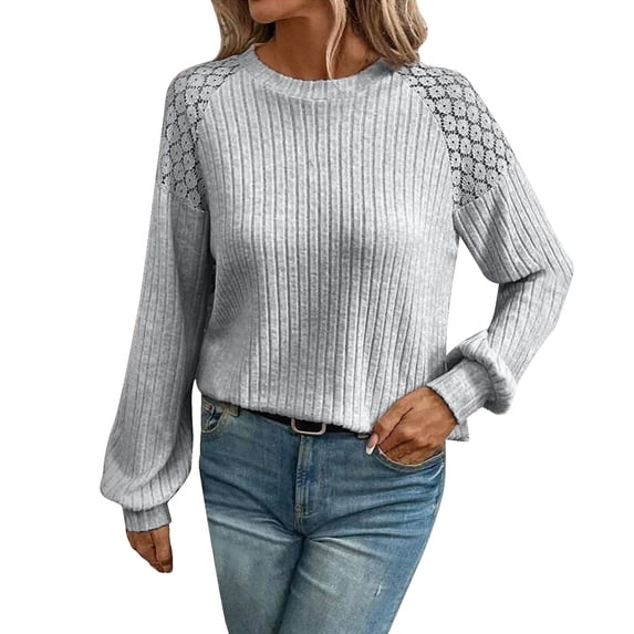 Women Ribbed Sweatshirt Casual Crew Neck Pullover Sweatshirt Loose Soft Long Sleeve Fall Winter Sweaters 2026 Gray L