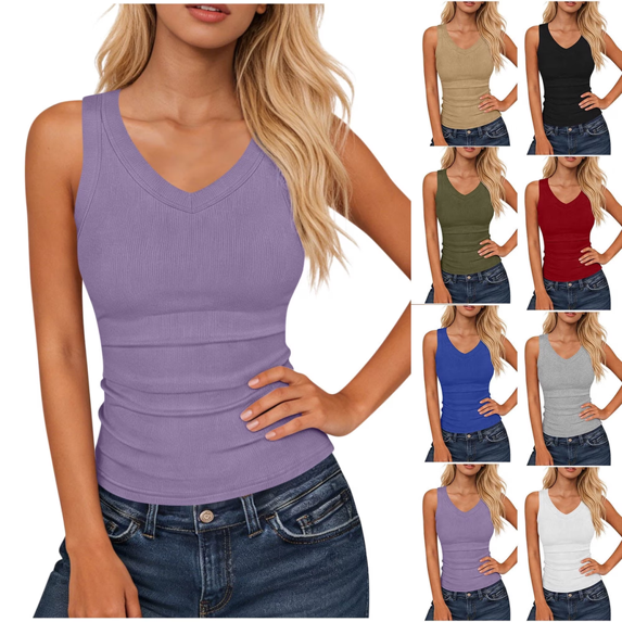 Women Ribbed Tank Top Summer Sleeveless V Neck Fitted Stretch Tops Basic Casual Slim Solid Layering Shirt for Daily Wear Gym Workout