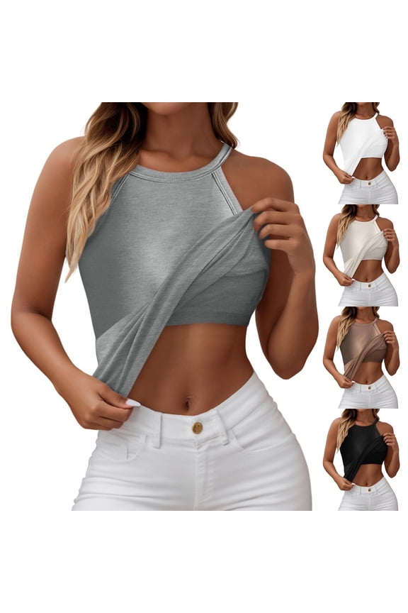 Women Ribbed Tank Tops Built in Bra Halter Tank Top Sleeveless Undershirt Tank Beige M