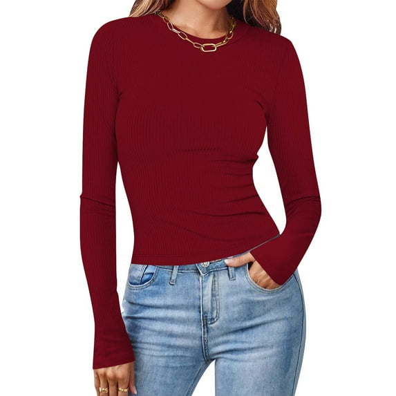 Women Ribbed Tops Trendy Slim Fit Stretchy Long Sleeve Crewneck T Shirts Ladies Casual Solid Color Basic Comfort Pullover Tees Top