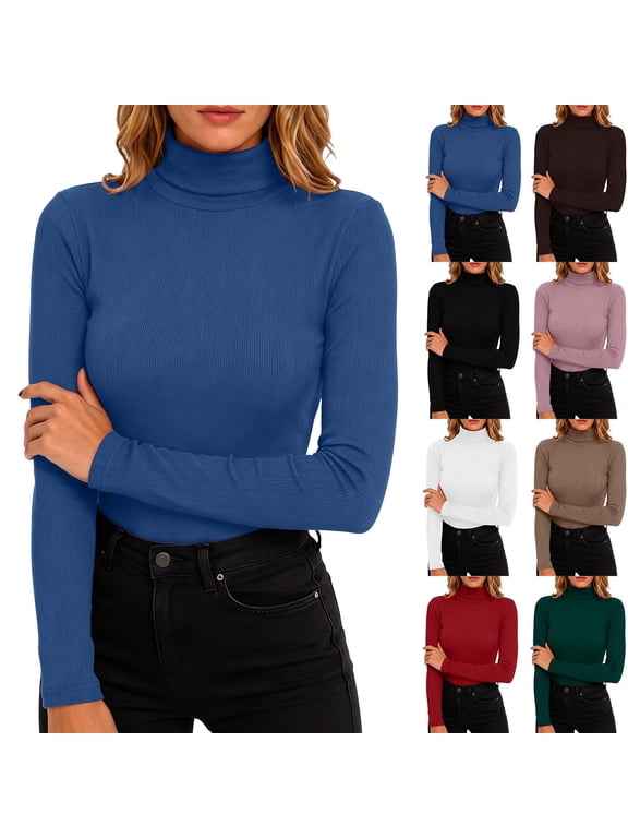 Women Ribbed Turtleneck Top Sevevn Turtleneck Slim Fitted Ribbed Knit Fabric Solid Long Sleeve Ribbed Cuffs Stretch Layering Base Shirt For Winter Daily Wear
