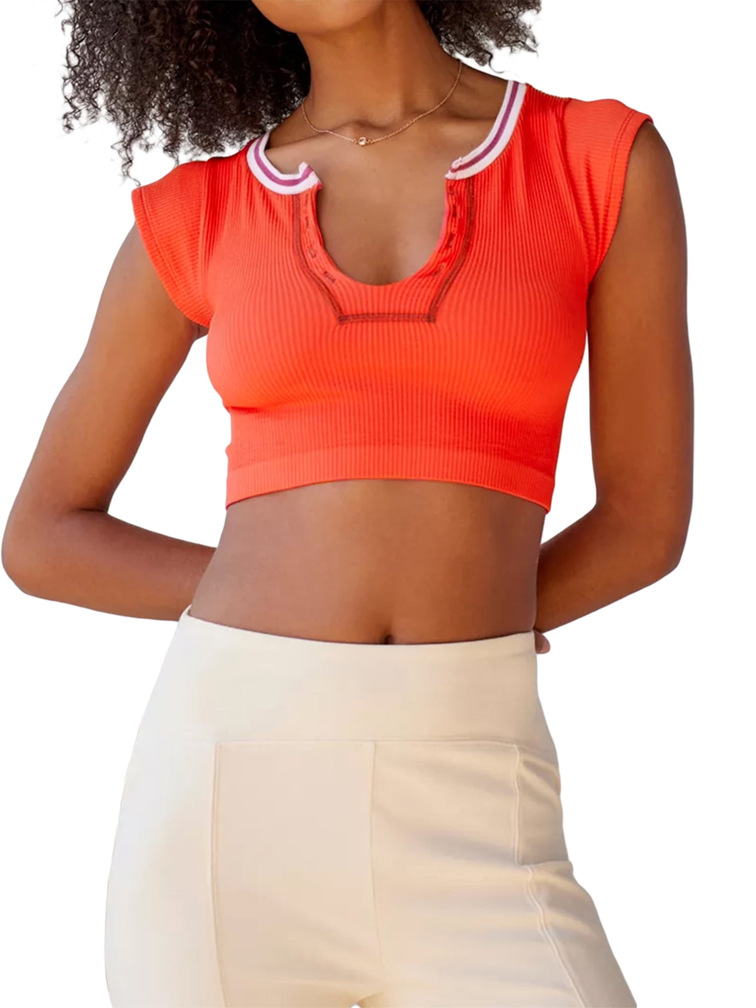 Top Casual U Color Shirt Crop Summer Sleeve Tee Streetwear Women Neck Fit Basic Top Contrast Ribbed Short Slim Vintage