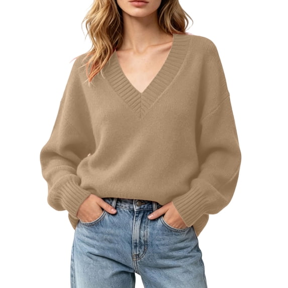 Women Ribbed V Neck Sweater Oversized Slouchy Knit Pullover Top