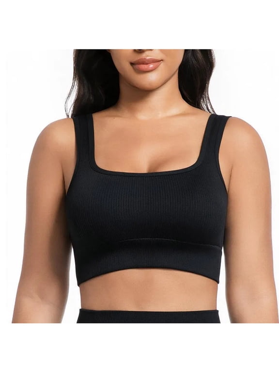 Women Ribbed Yoga Bra,Women's Square Neck Sports Bra Wireless Seamless Push Up Yoga Bra Wide Strap Beautiful Back Everyday Full Coverage Comfort Bra for Gym Workout Daily Wear Lounge Sleep Travel