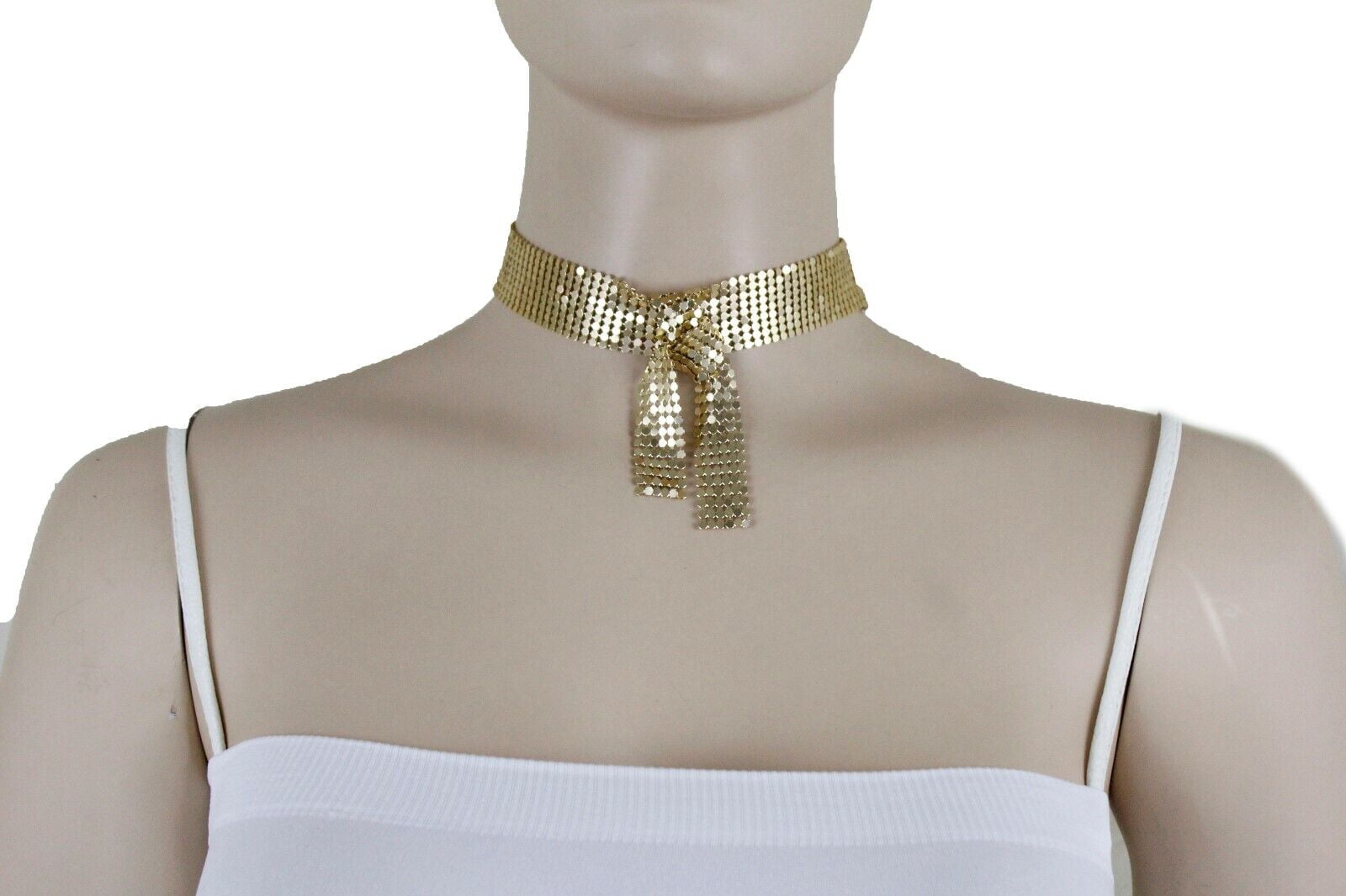 Women Ribbon Bow Tie Choker Necklace Gold Mesh Metal Elegant Hot - Main Image