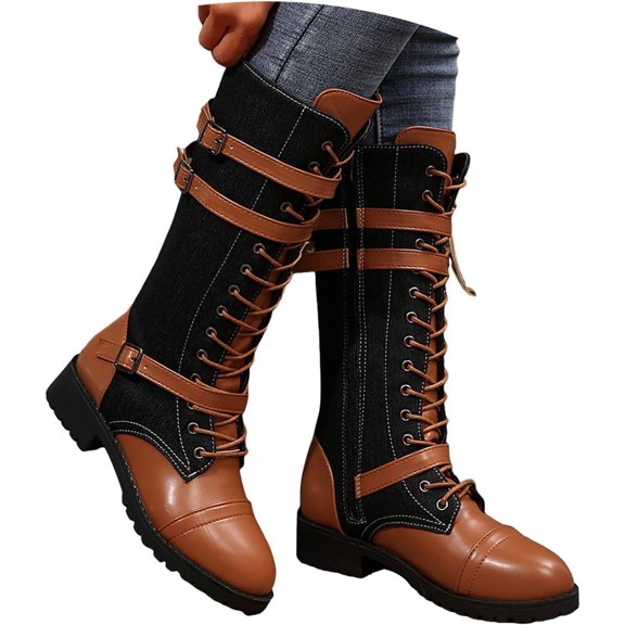 Women Riding Boots, Mid Calf Combat Boots, Winter Lace Up Gothic Motorcycle Boot with Inside Zipper Non Slip Outsole
