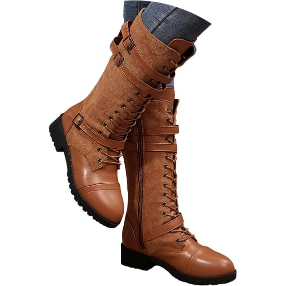 Women Riding Boots, Mid Calf Combat Boots, Winter Lace Up Gothic Motorcycle Boot with Inside Zipper Non Slip Outsole