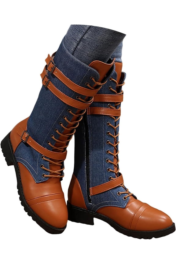 Women Riding Boots, Mid Calf Combat Boots, Winter Lace Up Gothic Motorcycle Boot with Inside Zipper Non Slip Outsole