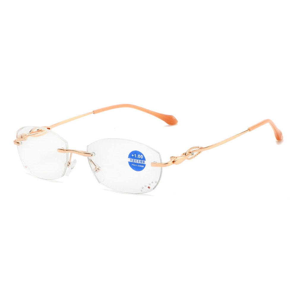 Women Rimless Anti-blue Light Reading Glasses 3.00 Rectangle Metal Gold Presbyopia Glasses +3.00 strength