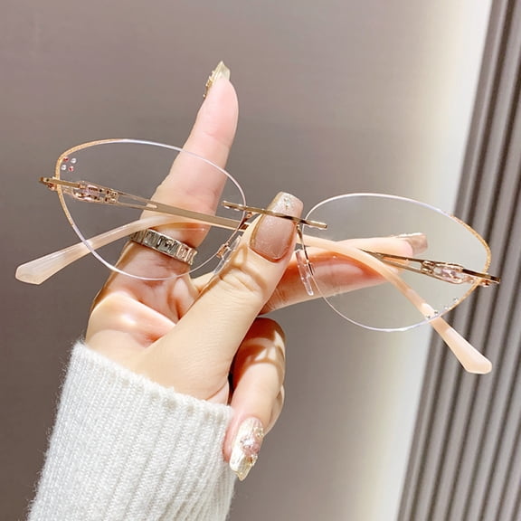 Women Rimless Anti-blue Light Reading Glasses 3.50 Ladies Ultralight Cat Eye Bling Gold Half Glitter Readers +3.50 Strength