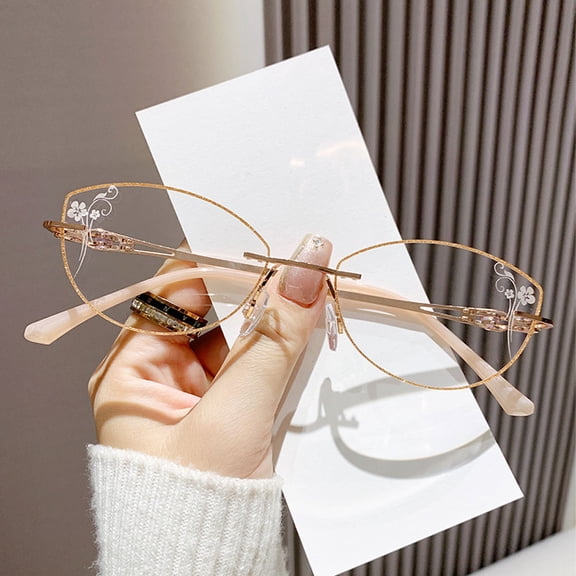 Women Rimless Anti-blue Light Reading Glasses 3.50, Ladies Ultralight Gold Bling Glitter Cat Eye Readers +3.50 Strength